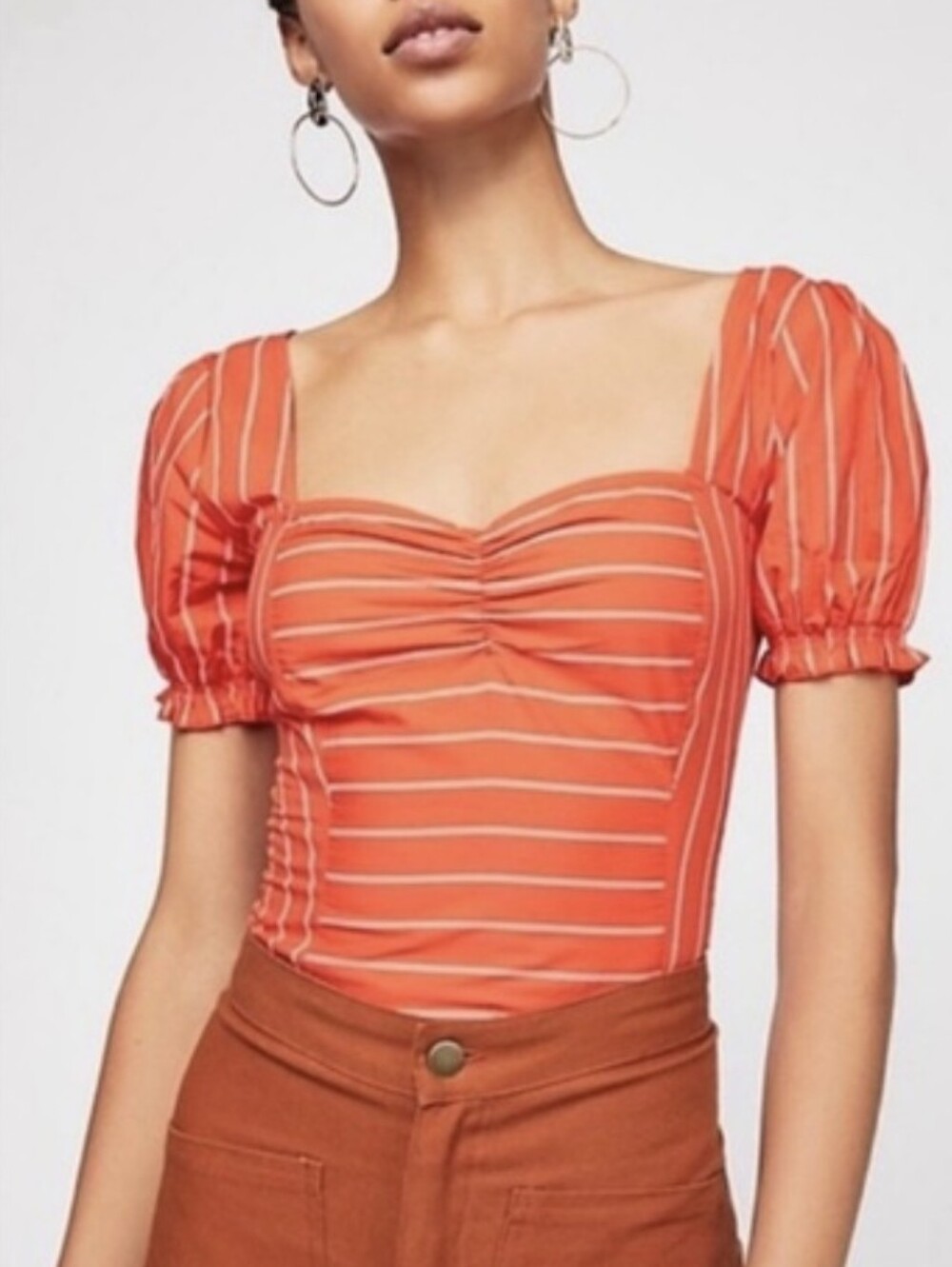 Free People Rose Garden Sweetheart Puff Sleeve Striped Top